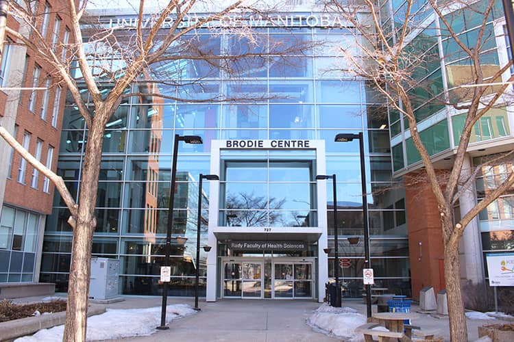 Outside view of the Brodie Centre at the University of Manitoba Rady Faculty of Health Sciences in the Spring